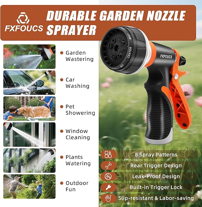 Garden Hose Nozzle Sprayer– this high heavy-duty spray nozzle offer 8 watering patterns for watering plants, lawns & gardens, washing cars, household cleaning and showering pets. (Dark Orange)