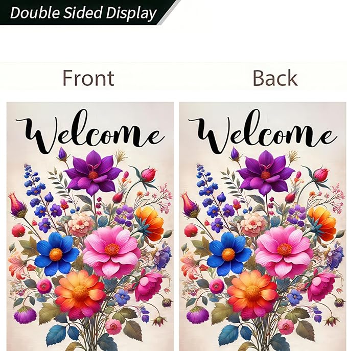 Welcome Spring Garden Flag 12x18 Double Sided Small Floral Flower Garden Yard House Flags Outside Outdoor House Hello Spring Summer Decoration Wedding Anniversary Farmhouse Holiday