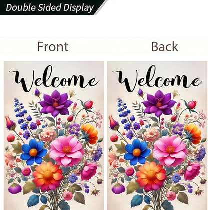 Welcome Spring Garden Flag 12x18 Double Sided Small Floral Flower Garden Yard House Flags Outside Outdoor House Hello Spring Summer Decoration Wedding Anniversary Farmhouse Holiday