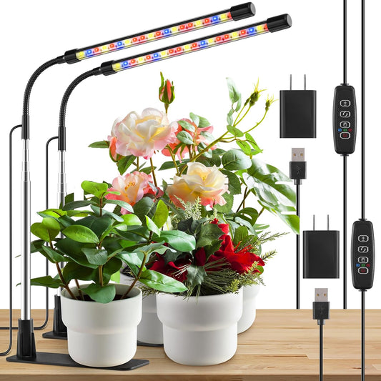 Grow Lights for Indoor Plants, Full Spectrum LED Plant Lights with Base, Adjustable Height 6.5"-26", 10 Dimmable Levels, Auto Timer 3/9/12H, Desk Grow Lamps for Indoor Growing (2 Pack)