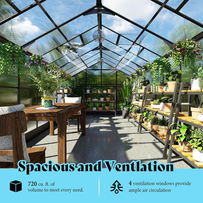 AMERLIFE 8x18x7FT Polycarbonate Greenhouse, Walk in Greenhouse with Quick-Connect System, Green House with 4 Windows and Swing Lockable Door, Greenhouses for Outdoors, Sunroom Black