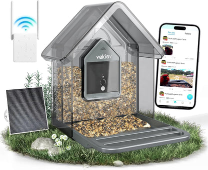 Solar Smart Bird Feeder with Camera,Stable Link via Signal Transmitter (Plug to Router),One-Step QR Scan,Elderly-Friendly,AI Bird ID,2K HD Live Video & 5MP Photos,Instant Arrival Alerts