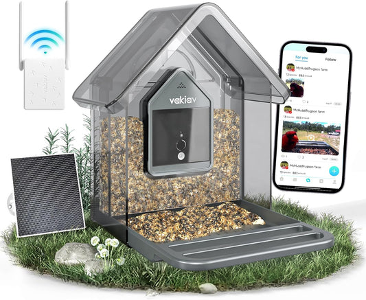 Solar Smart Bird Feeder with Camera,Stable Link via Signal Transmitter (Plug to Router),One-Step QR Scan,Elderly-Friendly,AI Bird ID,2K HD Live Video & 5MP Photos,Instant Arrival Alerts