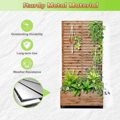 Metal Raised Garden Bed with Trellis, 2-in-1 Planter Box & Privacy Screen for Climbing Plants, Outdoor Standing Flower Bed with Drainage Holes, 35.4" L x 15.7" W x 70.1" H, Natural Wood Grain