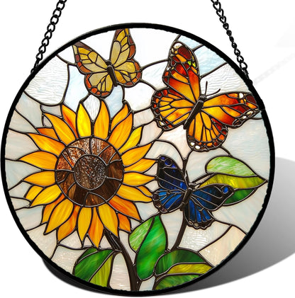 Stained Glass Window Hanging, Butterfly and Sunflowers Sun Catchers Glass Panel Plant Insects Suncatcher Decor for Birthday for Women, Men, Wife, Aunt, and Mom 14.9x14.9 in