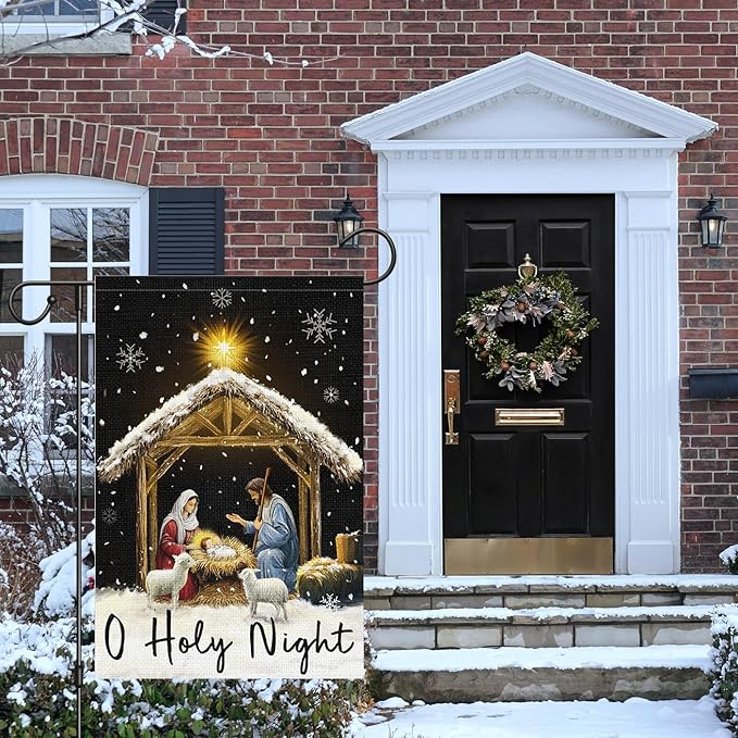Louise Maelys Christmas O Holy Night Nativity Garden Flag 12x18 Inch Double Sided Xmas Small Burlap Welcome Winter Holiday Christian Yard Outdoor Outside House Decoration