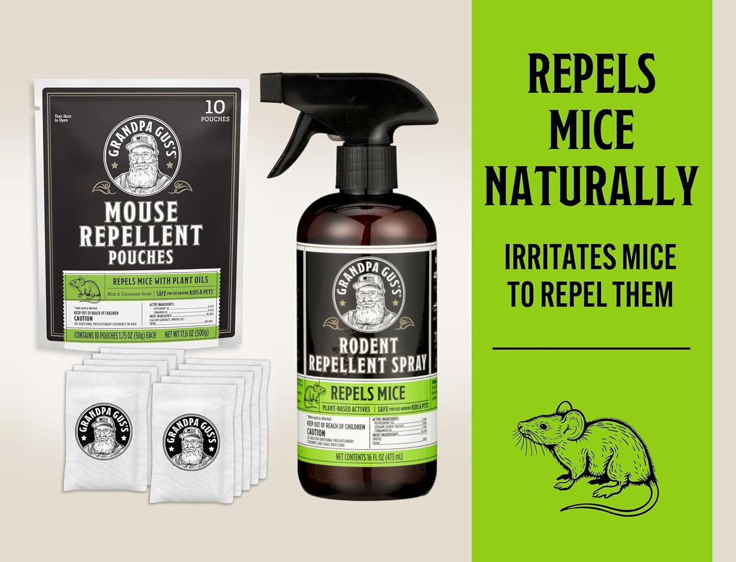 Grandpa Gus's Natural Mouse Repellent Pouches (10 Pack) Bundled with Rodent Repellent Spray (16 fl oz), Peppermint & Cinnamon Oils, Repel Mice/Rats from Home, Shop, Cabin, Shed, RV, Car & Boat Storage