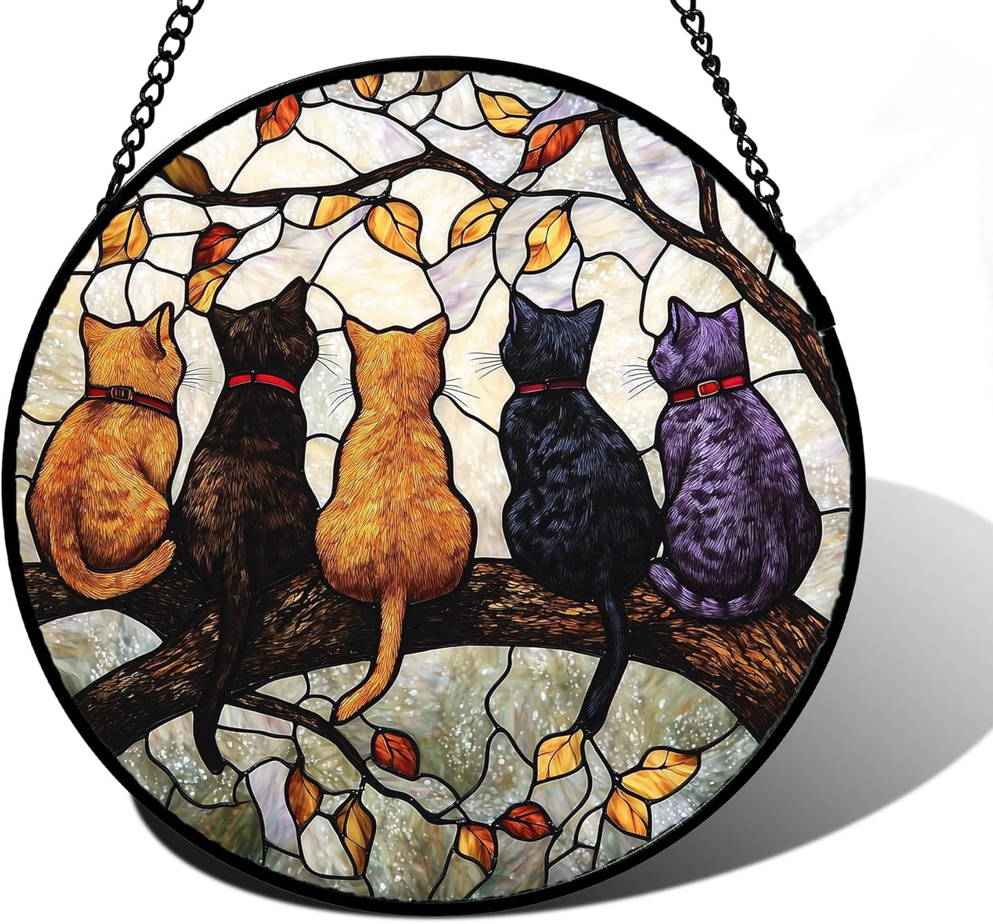 Stained Glass Window Hanging - 5 Cats on a Branch Suncatcher for Window Doors Home Decoration and Christmas, Mother's Day Father's Day Birthday Gifts for Women, Men, and Mom 7.8x7.8 in