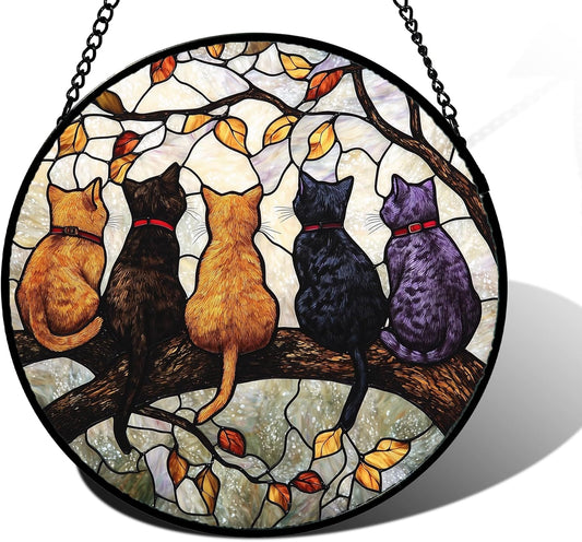 Stained Glass Window Hanging - 5 Cats on a Branch Suncatcher for Window Doors Home Decoration and Christmas, Mother's Day Father's Day Birthday Gifts for Women, Men, and Mom 7.8x7.8 in