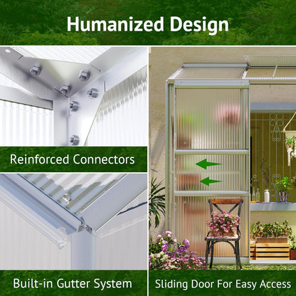 6x2ft Lean-to Polycarbonate Greenhouse, Small Walk-in Greenhouse, with Adjustable Roof Vent, Rain Gutter and Sliding Door, Outdoor Green House for Terrace, Backyard Sliver