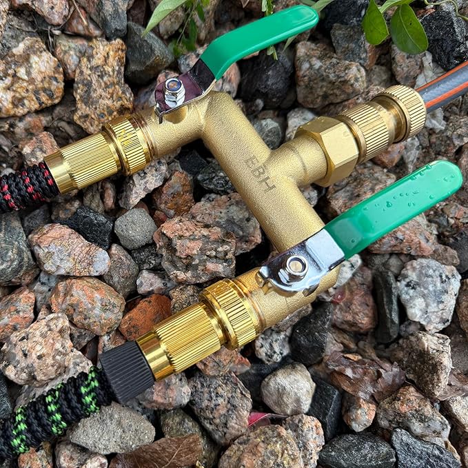 EBH Garden Hose Splitter, 2-Way High Flow Heavy Duty Brass Outdoor Hose Manifold with Extra Long Handles Full Flow Faucet Adapter- 3/4” GHT(Green)