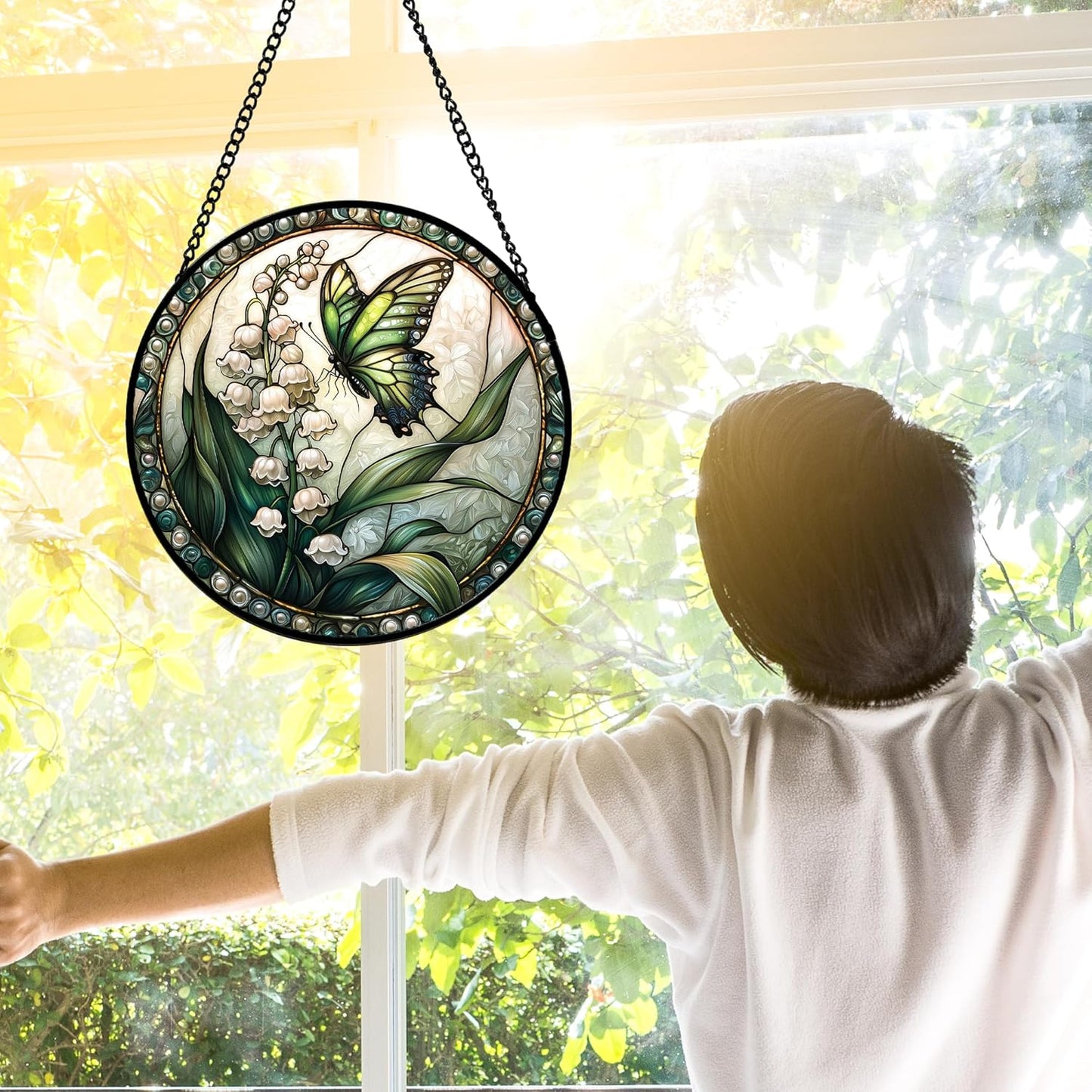 Stained Glass Window Hanging, Lily of The Valley Flower Butterfly Suncatcher for Doors Home Sun Catchers Decoration and Christmas, Mother's Day Birthday Gifts for Women, Men, Mom 11.8x11.8 in