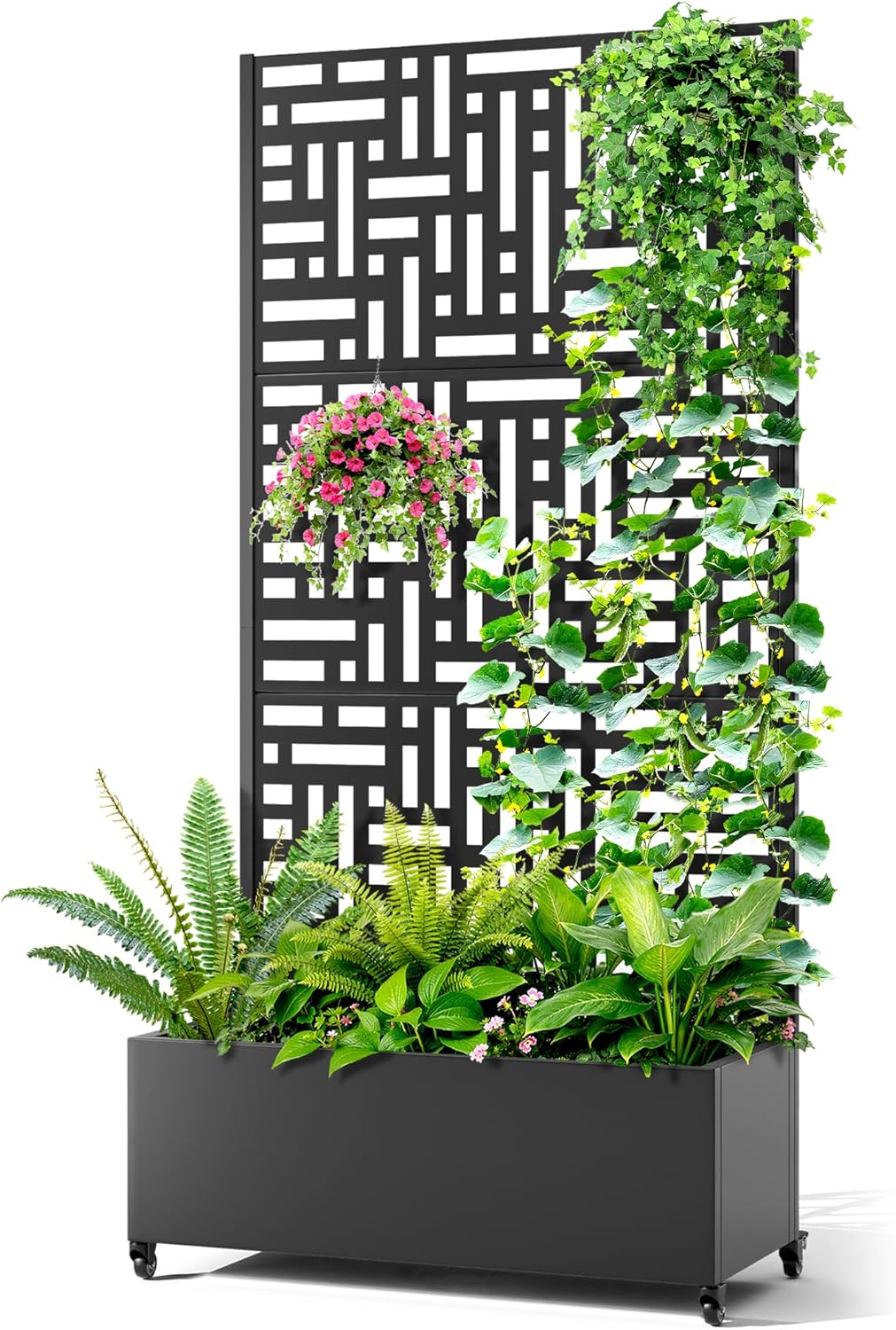 Metal Raised Garden Bed with Trellis, 2-in-1 Planter Box & Privacy Screen for Climbing Plants, Outdoor Standing Flower Bed with Drainage Holes, 35.4" L x 15.7" W x 70.1" H, Black-Helen