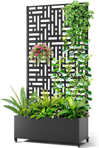 Metal Raised Garden Bed with Trellis, 2-in-1 Planter Box & Privacy Screen for Climbing Plants, Outdoor Standing Flower Bed with Drainage Holes, 35.4" L x 15.7" W x 70.1" H, Black-Helen