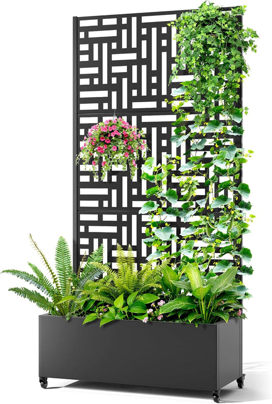 Metal Raised Garden Bed with Trellis, 2-in-1 Planter Box & Privacy Screen for Climbing Plants, Outdoor Standing Flower Bed with Drainage Holes, 35.4" L x 15.7" W x 70.1" H, Black-Helen