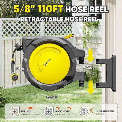 SILVEL Retractable Garden Hose Reel – 5/8 in x 110FT Heavy Duty Automatic Hose Reel Wall Mounted, UV Resistant with 10 Pattern Nozzle, Any Length Lock & Slow Return System, 180°Swivel Bracket, Yellow