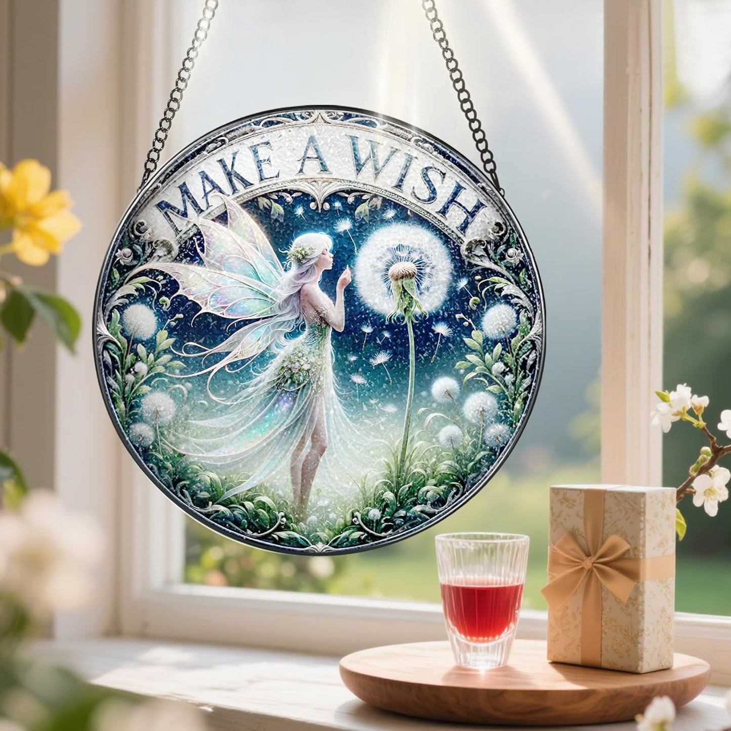 Stained Glass Window Hanging, Pauyadu Fairy Sun Catchers, Stained Glass Suncatcher, Fairy Decor Gifts for Women, Mom, Grandma, Wife, Bestie and Friend - 8 Inch