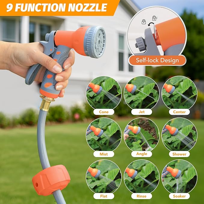 GarveeLife Retractable Garden Hose Reel 5/8 in x 65 Ft, Wall Mounted Garden Hose Reel, with 9 Function Sprayer Nozzle, Any Length Lock, Lock/Automatic Slow Return System, 180° Swivel Bracket(Grey)