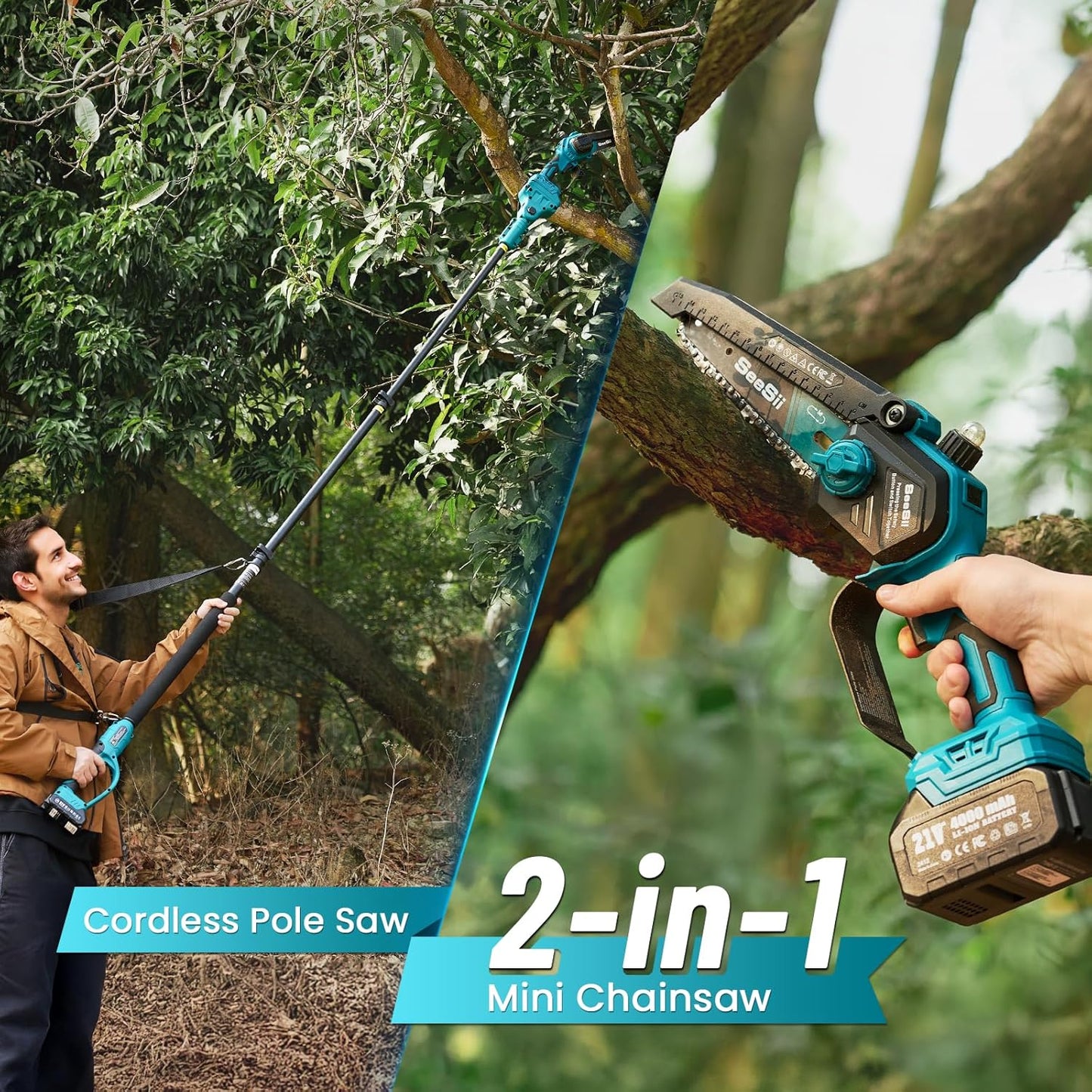 SEESII 2-in-1 Pole Saws for Tree Timming: Electric Mini Chainsaw 6 Inch Cordless, 2 x 4000mAh Batteries Tree Pruner, Brushless Chain Saw with Extension Pole for Limb Branch Cutter,16Ft Reach