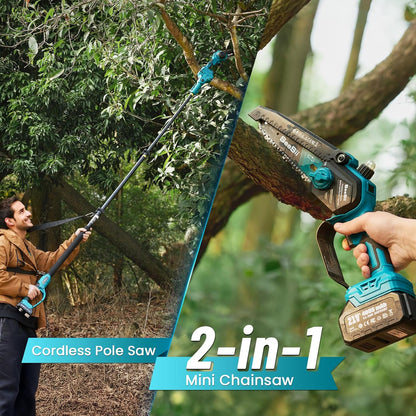 SEESII 2-in-1 Pole Saws for Tree Timming: Electric Mini Chainsaw 6 Inch Cordless, 2 x 4000mAh Batteries Tree Pruner, Brushless Chain Saw with Extension Pole for Limb Branch Cutter,16Ft Reach