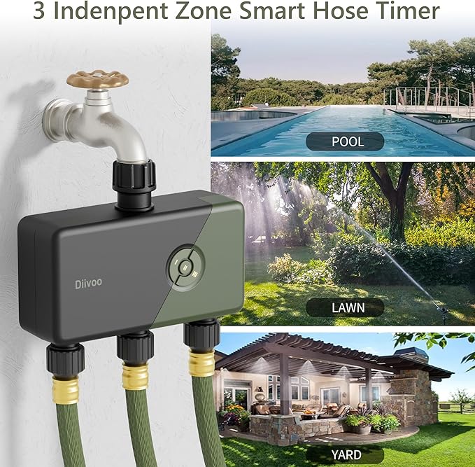 Diivoo WiFi Sprinkler Timer 3 Zone, Smart Water Hose Timer Compatible with Alexa and Google, Remote Control Irrigation, Automatic Manual Watering, Rain Delay, for Garden, Yards and Lawns (2.4Ghz Only)