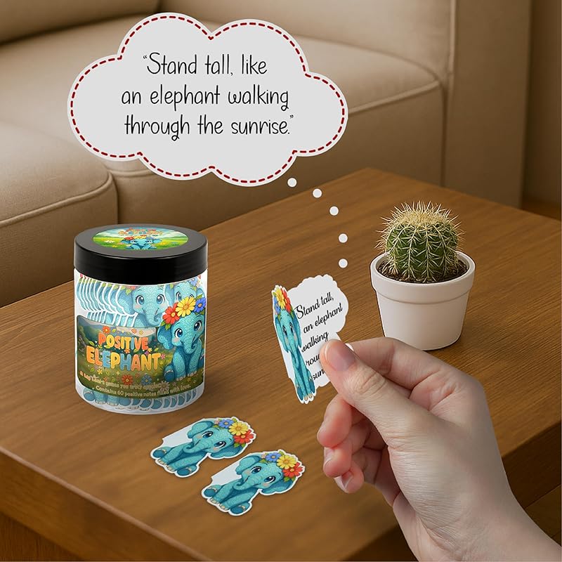 Positive Elephant Jar with 60 Daily Affirmation Cards, Emotional Support Elephant, Elephant Decor, Office Desk Accessories, Gift for Teenage Girl, Mens Birthday Gift, Appreciation Gifts