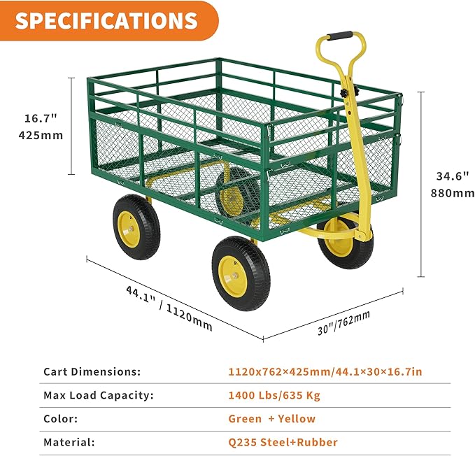 3-in-1 Heavy-Duty Steel Garden Cart, 1400 Lbs Garden Wagon, with 13 Inch All-Terrain Tires and Removable Mesh Side Panels, 180° Rotating Handle, Metal Multi-Function Carts, Outdoor Gardens Wagon Cart