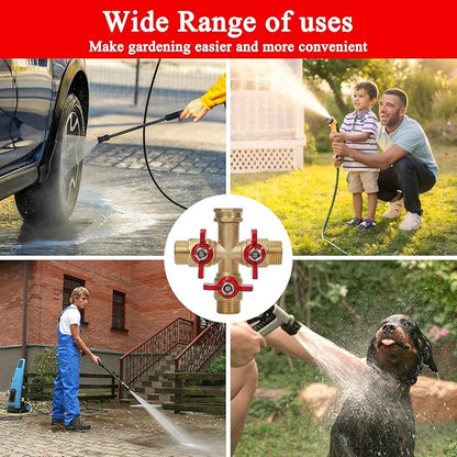 Hose Splitter 3 Way Heavy Duty Brass Valve Garden Hose Splitter with Stainless Steel Long Handle Water Hose Trap Adapter 3/4" GHT Thread