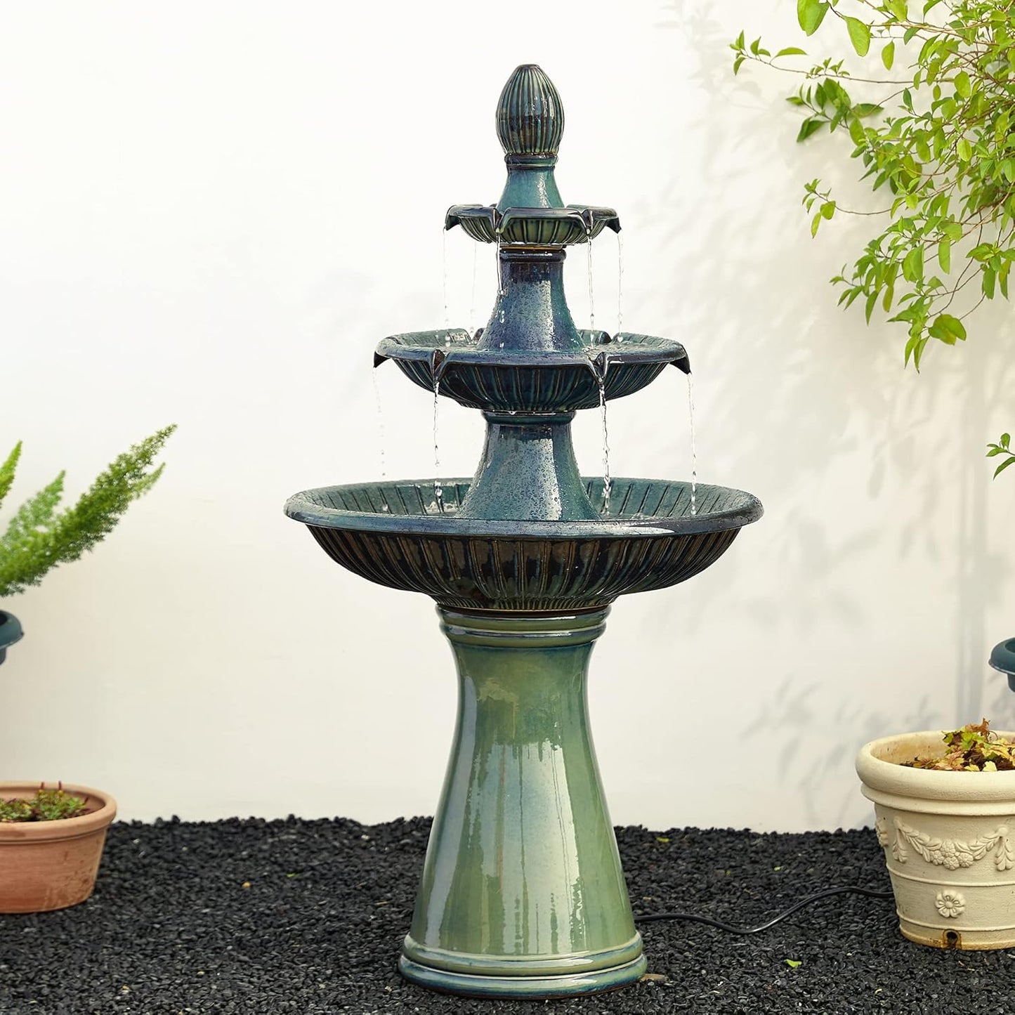 Glitzhome Outdoor Fountain 3 Tier Waterfalls, 45.25" H Ceramic Water Fountain with Pump & LED Light Oversized Indoor Outdoor Floor-Standing Fountains Garden for Patio Backyard Deck Lawn, Turquoise