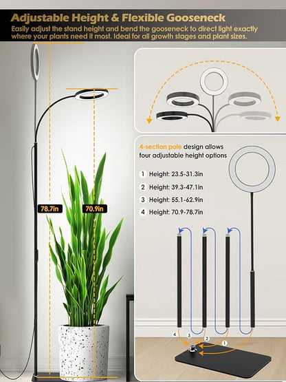 GLOWRIUM Grow Lights for Indoor Plants, 24W Full Spectrum LED Grow Light, Stepless Dimming,3 Lighting Mode and Adjustable Height, Plant Light with 3/9/12/16H Timer (Black, 24W)