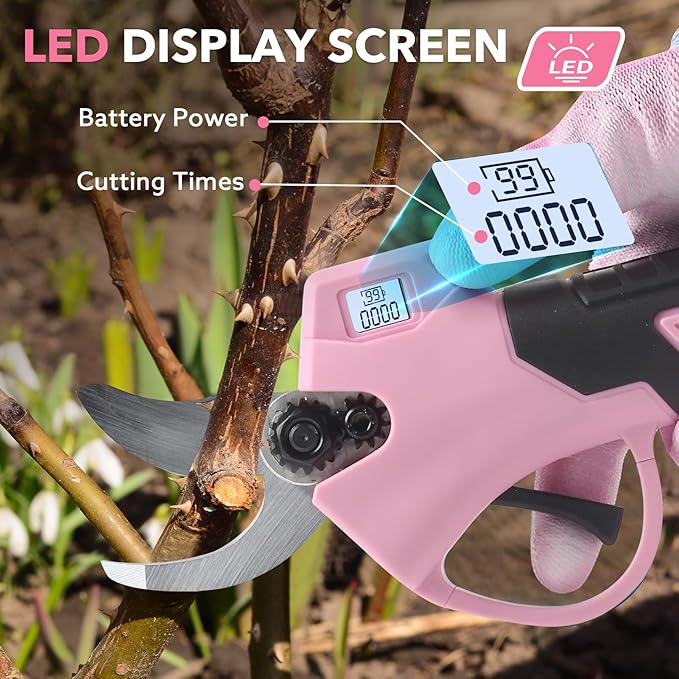 Electric Pruning Shears Cordless Brushless - Professional Battery Powered Pink Pruner, 2 Batteries & Replaceable Blades, Toolbox for Efficient Garden & Landscape Maintenance