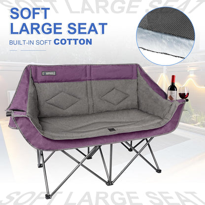 Oversized Double Camping Chair-Heavy Duty 2 Person Folding Loveseat Camp Couch for Adults,Portable Outdoor Lawn Chairs with Padded Seat for Fishing,Sports and Patio,Supports 500 LBS,Purple