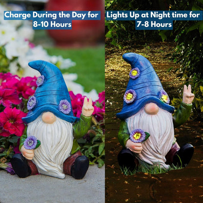 Peace Gnome Garden Statue - Original Design - Blue Peace Gnome Design for Yard, Lawn, Patio, Porch - Weatherproof Resin Garden Decoration - Solar Light - Outdoor Decor & Unique Gnome Gift for Women