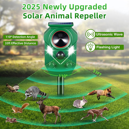 Solar Animal Repellert Outdoor Supplement USB Rechargeable Cat Repeller Outdoor Squirrel Rabbit Fox Adjustable Frequency Deer Repellent Devices with Light and Motion Detection