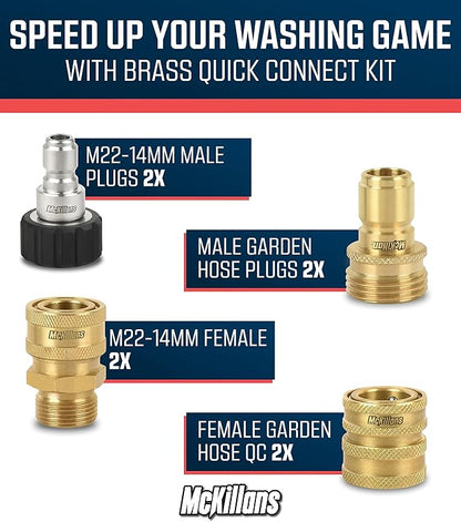 McKillans® Pressure Washer Quick Connect Kit, M22-14mm to 3/8" Male Female Quick Disconnect Kit for Power Washer (Brass)