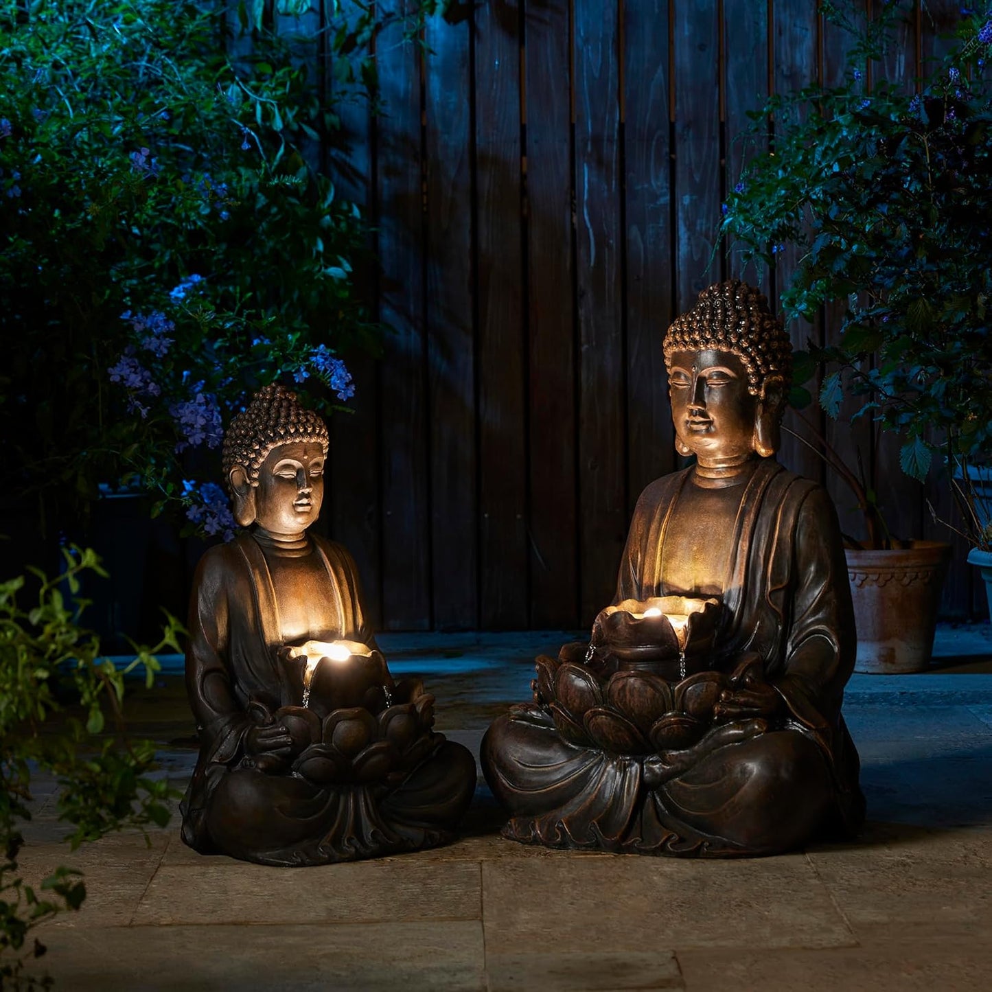 Glitzhome Buddha Fountain with Pump & LED Light, 2 Tier Zen Style Meditating Buddha Water Fountain Outdoor Fountains and Waterfalls Outdoor Buddha Statues for Garden Patio Backyard 28" H