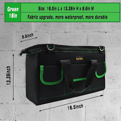 FASTECH 18 Inch Tool Bag With Comfortable Shoulder Straps, Waterproof Wide Mouth Tool Kit, Tool Storage Package For Men/Women (18IN Green)