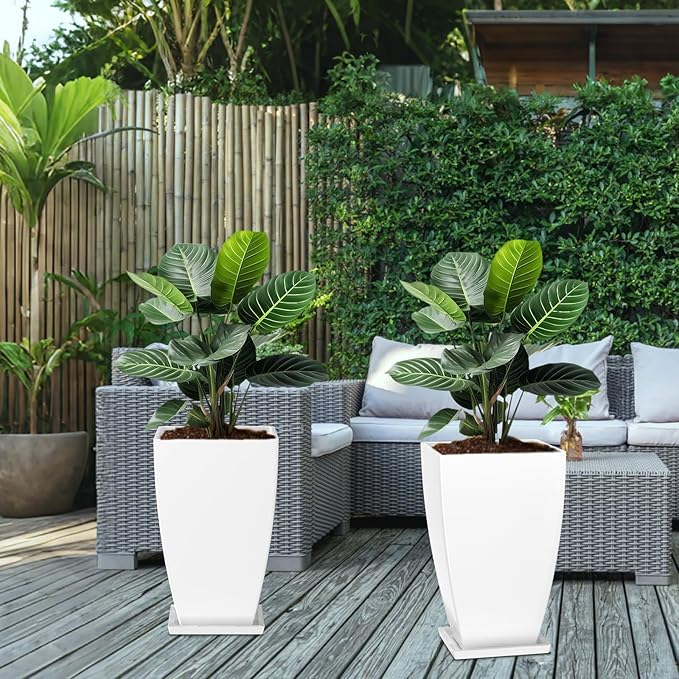 21" Tall Outdoor Planters Set of 2,Front Porch Planter Pots with Drainage Design Holes for Patio, Porch, Garden, Indoor,White