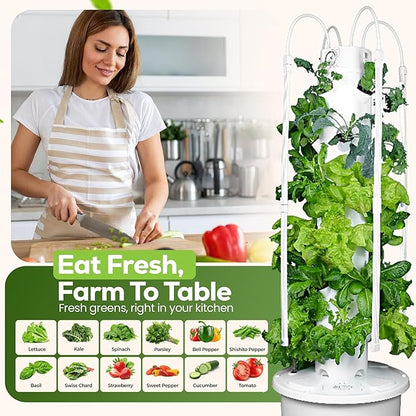 GX Hydroponic Tower | Vertical Planter Tower | Hydroponics Growing System Kit | Food Grade with 24 Net Pots (with LED Grow Lights)