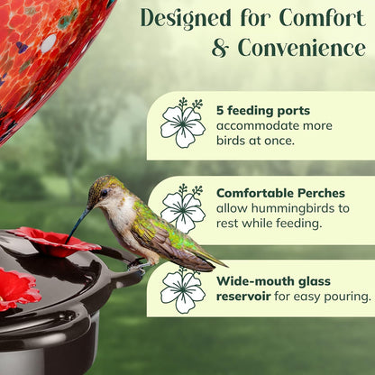 Hand Blown Glass Hummingbird Feeder for Outdoors All Season Use - 28 Fl. Oz. Leak Proof Hummingbird Feeder with Rust Proof Base - Includes Ant Moat, Ant & Bee Proof (Red)