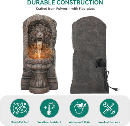 30in Outdoor Water Fountain with LED Lights, Majestic Bronze Lion Sculpture Garden Fountain, 2-Tier Pedestal Waterfalls, Durable Resin Water Feature for Yard, Patio or Porch Decor