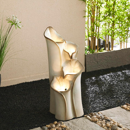 Glitzhome 31.25" H Outdoor Water Fountain with LED Lights and Pump, 4 Tier Sand Beige Lotus Leaf Textured Ceramic Floor Standing Fountain, Vase Waterfall Fountains for Porch Deck Garden Patio Backyard