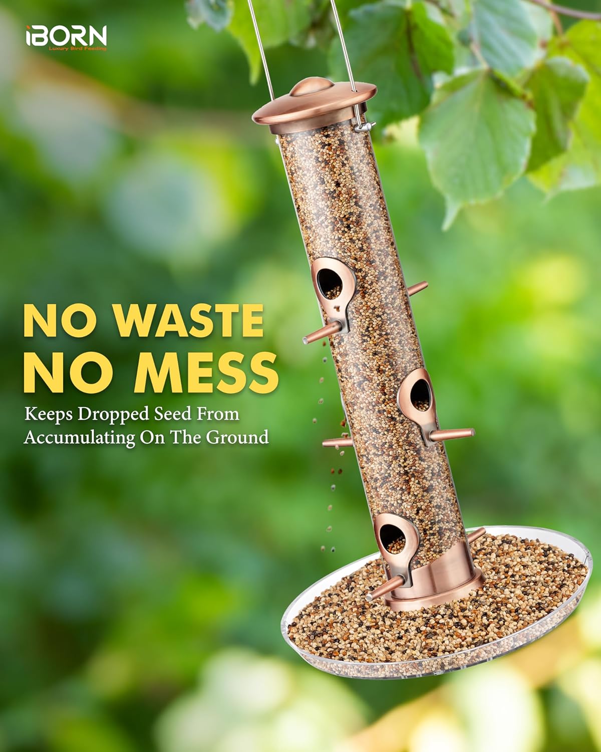 iBorn Bird Feeders Seed Catcher for Outside Hanging 6 Port Bird Feeder for Cardinal Birds Aluminium Metal,Brushed Copper Finishing 14 Inch 6 Port (Seed is not Included)