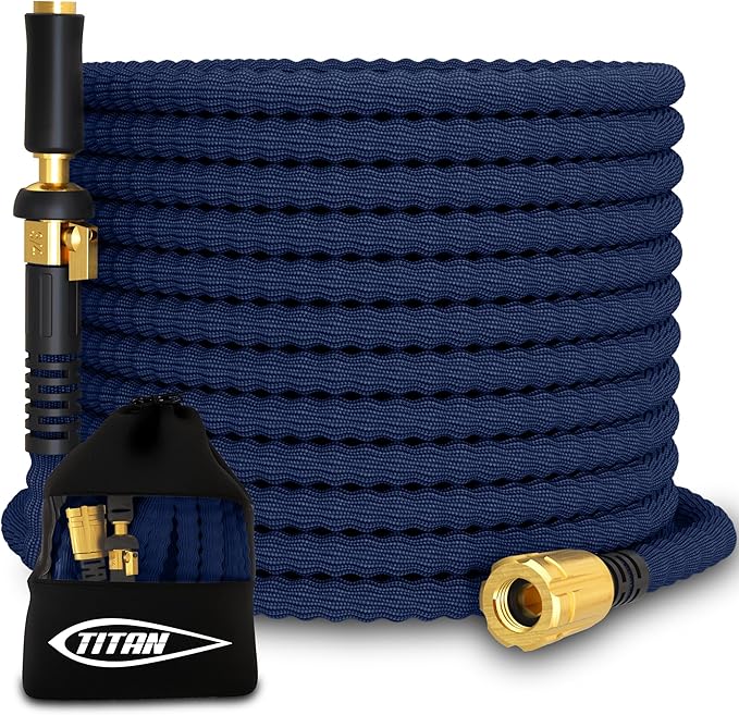 TITAN Flexible Garden Hose 15FT – Ultra Lightweight, Heavy Duty Water Hose with Brass Fittings & Jet Nozzle – Kink-Free, Non-Expanding, Durable Fabric Hose for Yard, Lawn, Car Wash, Outdoor Use
