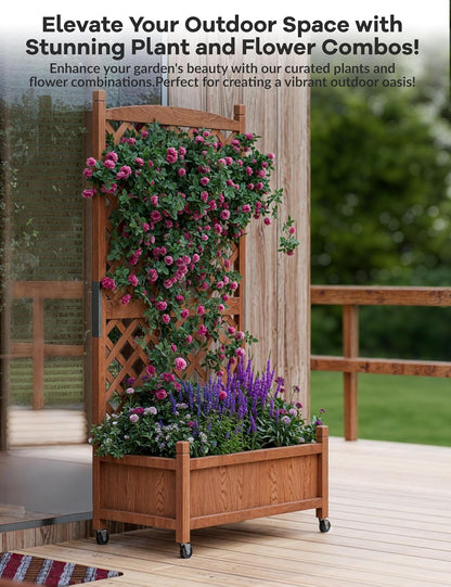 Wooden Raised Planter Box with Trellis and Wheels, 75x33x150Cm Privacy Screen Planter for Patio Garden