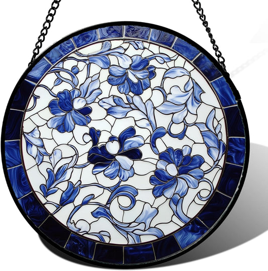 Stained Glass Window Hanging, Blue and White Abstract Flowers Sun Catcher for Door Home Decor Suncatcher Christmas Mother's Day Birthday Gifts for Women Men Mom and Nana 15 in