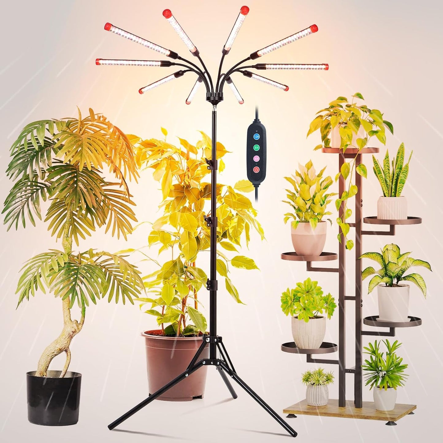 10Head Grow Lights for Indoor Plants, Seed Starting, Vegetables, Bonsai with Tripod Stand and Auto On/Off Timer 4/8/12H, 90W Power Full Spectrum Standing LED Plant Growing Lamps, 360° Gooseneck