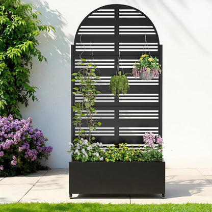 Metal Raised Garden Bed with Trellis & Wheels,72" x 35"x 15.7" Planter Box with Trellis,Privacy Planters for Patio,Garden Bed for Climbing Plants,Suitable for Climbing Plants and Vegetables,Black