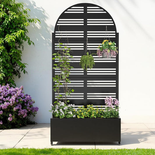 Metal Raised Garden Bed with Trellis & Wheels,72" x 35"x 15.7" Planter Box with Trellis,Privacy Planters for Patio,Garden Bed for Climbing Plants,Suitable for Climbing Plants and Vegetables,Black
