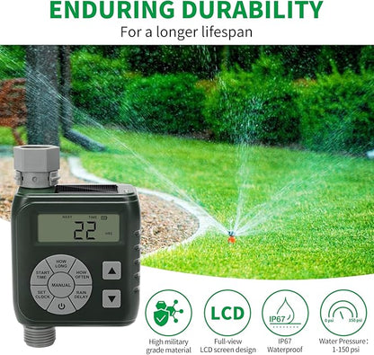 Sprinkler Timer, Programmable Irrigation Water Timer for Garden Hose, Solar/Battery Dual Power & Professional Leak-Proof Design, Rain Delay/Auto/Manual Watering System, Green